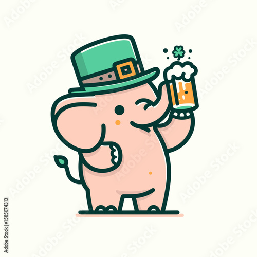 A cartoon elephant wearing green top hat and holding a. Cute Clipart Vector Illustration Line Art Illustration. Comical jumbo in verdant headgear grasping tangible object image.