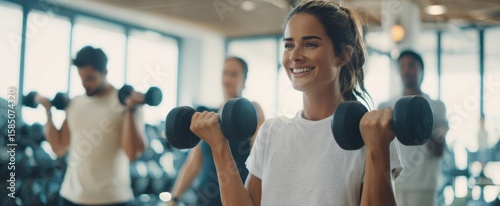 The energetic woman lifting weights in a vibrant gym setting with friends.