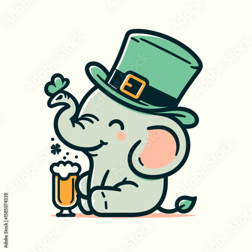 A cartoon elephant wearing green top hat and holding mug of beer. Cute Clipart Vector Illustration Line Art Illustration. Comic pachyderm in verdant headgear enjoys frothy ale pottery cup.