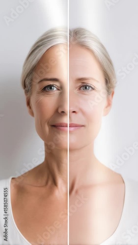 Mature woman with split screen showing aged and youthful skin. Anti aging cosmetic impact on senior female face concept. Beauty treatment footage.