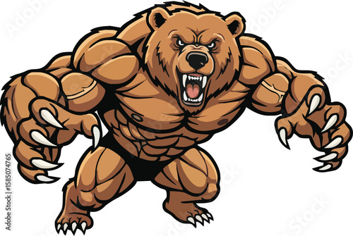 A powerfully built, angry brown bear, muscles rippling, claws extended in a threatening stance.