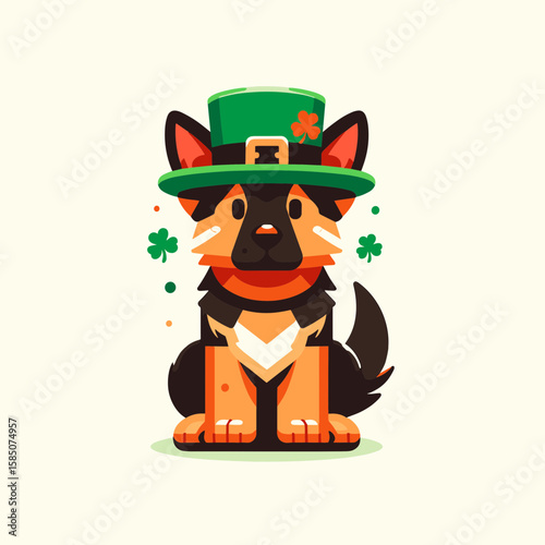 A cartoon German Shepherd dog wearing green. Cute Clipart Vector Illustration Line Art Illustration. Animated canine herder donning verdant garment lovely picture pet.