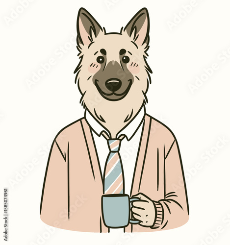 A cartoon German Shepherd dog wearing tie and cardigan. Cute Clipart Vector Illustration Line Art Illustration. Comical canine breed in neckwear wool coat artwork.