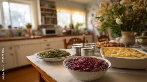 Festive cranberry relish glistens amidst rustic Thanksgiving cornucopia, evoking homey nostalgia and abundant harvest vibes in cozy cottage kitchen