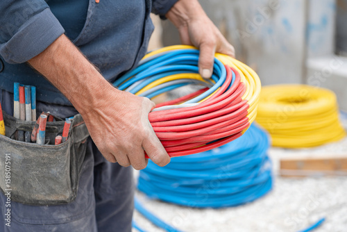 An electrician lays cables on a construction site