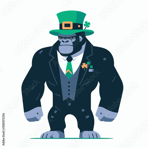 A cartoon gorilla wearing green top hat and suit for. Cute Clipart Vector Illustration Line Art Illustration. Ape image in formal wear primate with vivid headgear garment for.