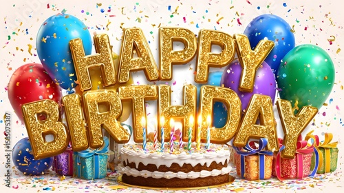 A festive birthday scene with cake gifts balloons and golden happy birthday lettering in confetti