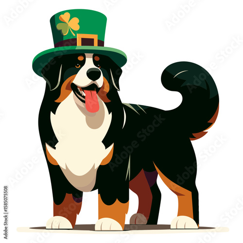 A cartoon illustration of big dog wearing green top hat with gold buckle and green. Cute Clipart Vector Line Art Illustration. Comic picture large canine in verdant formal headwear accent.