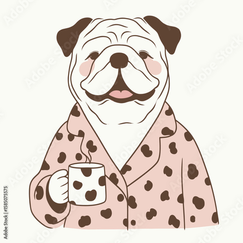 A cartoon illustration of bulldog wearing pink bathrobe with brown polka. Cute Clipart Vector Line Art Illustration. comic depiction canine in rose color gown having chocolate dot.