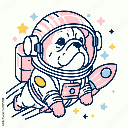 A cartoon illustration of bulldog wearing spacesuit and holding a. Cute Clipart Vector Line Art Illustration. Comical drawing stout canine in cosmic gear gripping one object.