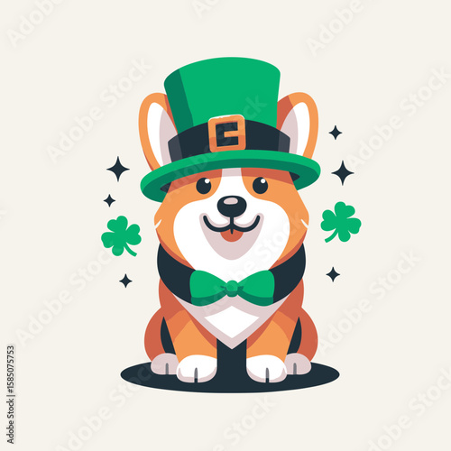 A cartoon illustration of corgi wearing green top hat and bow tie for. Cute Clipart Vector Line Art Illustration. dog image sporting formal headwear neckwear appropriate for.