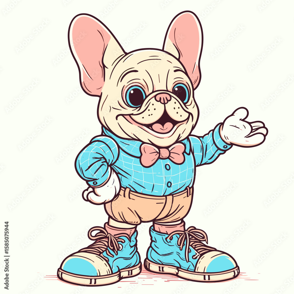 Naklejka premium A cartoon illustration of French bulldog wearing bow. Cute Clipart Vector Line Art Illustration. Comical drawing canine with ribbon playful dog picture.