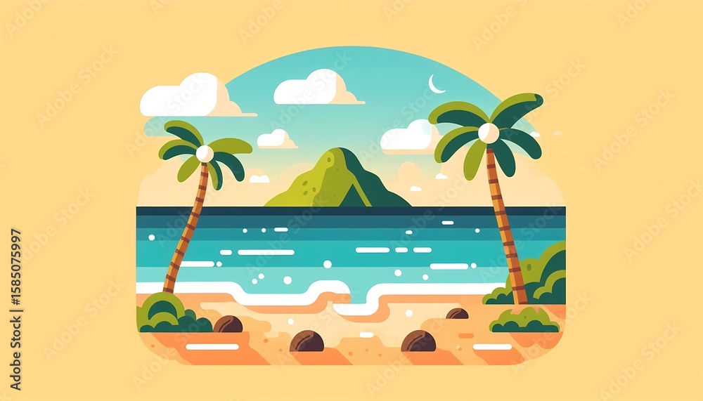 Obraz premium Sunny tropical island illustration showcasing palm trees and a serene blue ocean