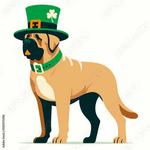 A cartoon illustration of dog wearing green top hat with gold buckle and collar gold. Cute Clipart Vector Line Art Illustration. Canine artwork pup in fancy emerald headwear neckband gilded.