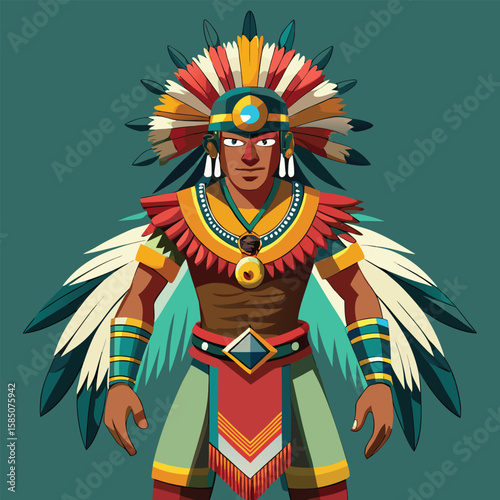 Cartoon vector illustration of a warrior with a sword and shield, depicting a person in traditional costume