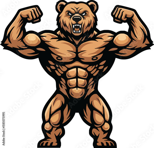 Muscular cartoon bear flexing its biceps and showing off its powerful physique.