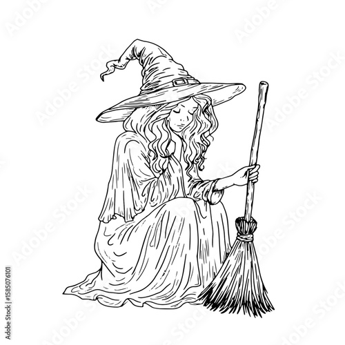 Witch in cloak and pointed hat, with broom in her hands, black and white ink sketch. Vector illustration. Sitting girl sorceress, isolated on a white background. Halloween, witchcraft and magic theme