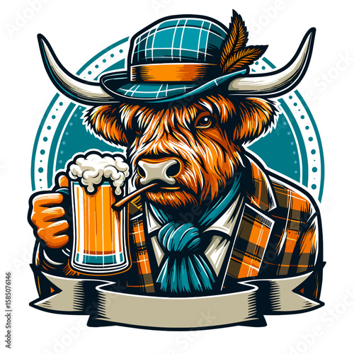 A cartoon illustration of highland cow wearing plaid hat and smoking cigar with beer mug in his. Cute Clipart Vector Line Art Illustration. Funny bovine drawing furry ox cap enjoys smoke.