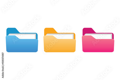Folders for storing files. Collection of office folders with documents. Open folders for digital data. Set of pink, yellow and blue folders. Set of icons and logos. Vector illustration.
