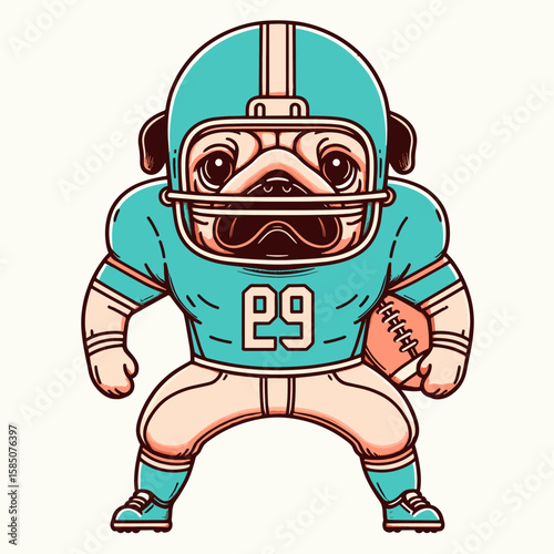 A cartoon illustration of pug wearing football uniform and holding a. Cute Clipart Vector Line Art Illustration. Comical drawing boxer canine in gridiron attire clutching one object.