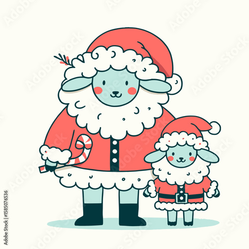 A cartoon illustration of sheep wearing red Santa hat and. Cute Clipart Vector Line Art Illustration. funny drawing wooly lamb with festive crimson holiday cap and.