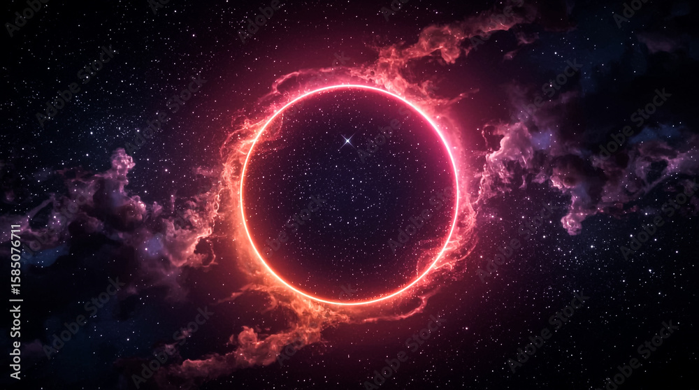 Obraz premium An abstract view of space showcasing a luminous ring against a backdrop of stars nebulae and a central dark void