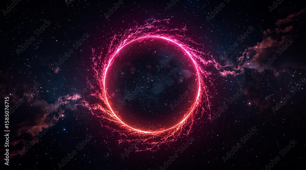 Obraz premium An abstract depiction of cosmic energy with a swirling vortex of pink and red light set against a backdrop of stars and interstellar clouds
