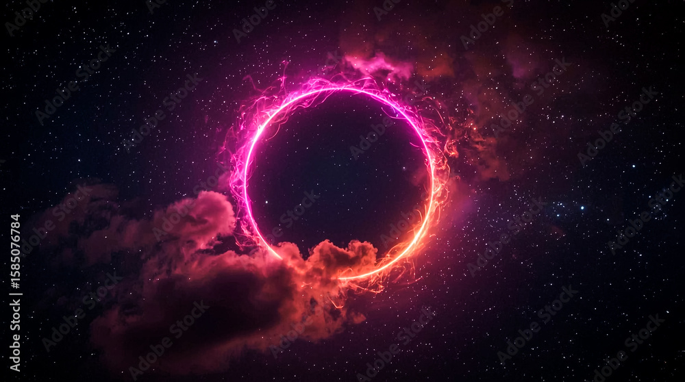 Obraz premium An abstract celestial phenomenon featuring a glowing ring of light emerging from a nebula in the vastness of space