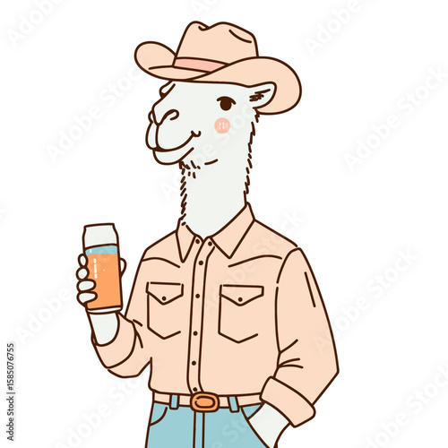 A cartoon llama wearing cowboy hat. Cute Clipart Vector Illustration Line Art Illustration. Funny animation camelid with western headwear comic farm mammal mascot.