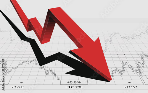 Red downward arrow over fluctuating financial graph with numeric metrics, symbolizing stock market decline, economic crisis, and investment loss