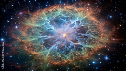 Photo of a vibrant and colorful nebula glows with light and energy amidst a field of distant stars in the vast expanse of deep space