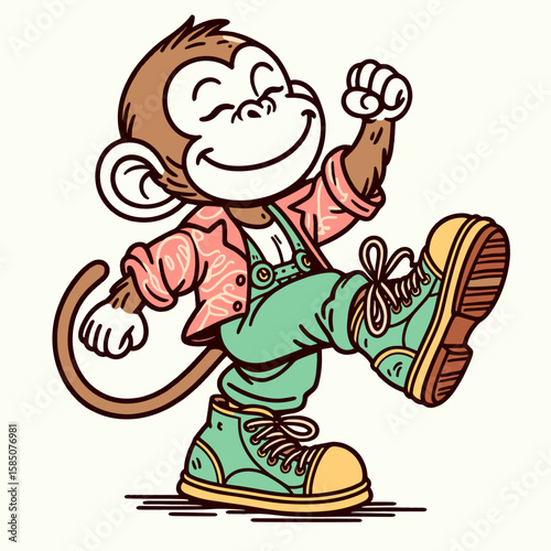 A cartoon monkey wearing pink shirt and green pants is walking. Cute Clipart Vector Illustration Line Art Illustration. Comic chimpanzee in rose top verdant slacks taking stroll primate.