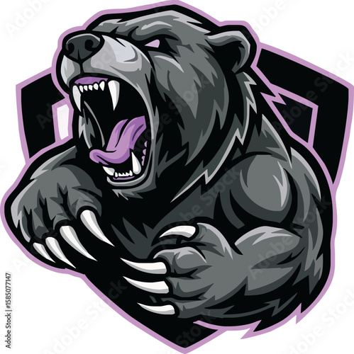 A ferocious black bear with an open mouth, showcasing strength and aggression, positioned within a shield-like graphic design.