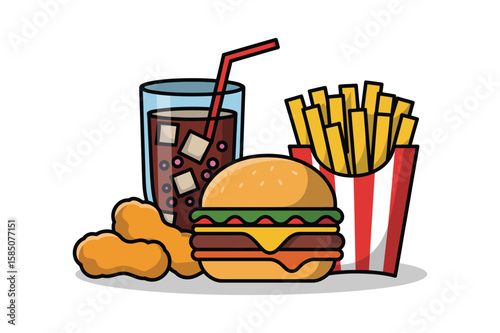 Delicious Fast Food A Culinary Journey of Burger, Fries, Chicken Nuggets, and Refreshing Drink 