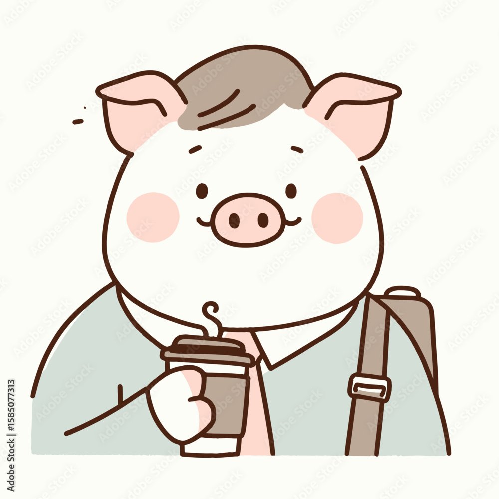 Fototapeta premium A cartoon pig wearing suit and tie is holding coffee. Cute Clipart Vector Illustration Line Art Illustration. Hog in formal attire clutching hot beverage comic animal business theme.