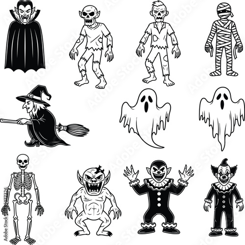 Halloween Monsters and Spooky Characters Set - Vector Illustration

