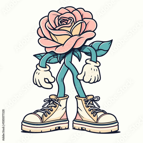 A cartoon pink rose with legs and arms wearing. Cute Clipart Vector Illustration Line Art Illustration. Animated rosy bloom limbs hands having apparel.