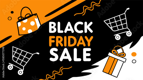 Black friday sale advertisement with shopping bag, shopping carts, gift box and abstract orange shapes on black