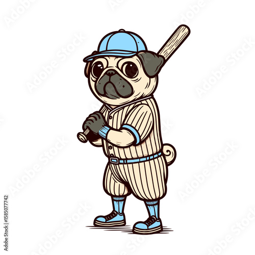 A cartoon pug wearing baseball. Cute Clipart Vector Illustration Line Art Illustration. Comical puppy in drawing with round equipment on visage game motif.