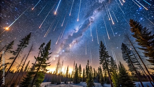 Photo of a breathtaking meteor shower illuminates the night sky with streaks of light above a snowcovered forest and the majestic milky way galaxy