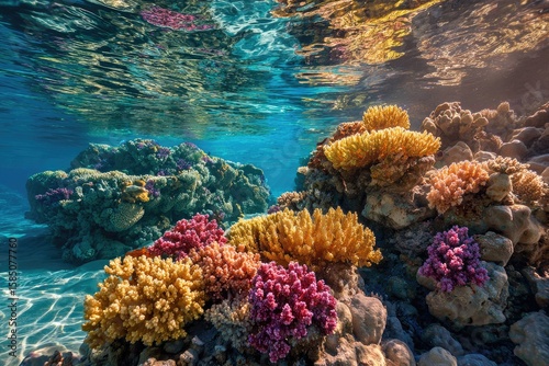 Fototapeta Naklejka Na Ścianę i Meble -  Vibrant coral reef scene; sunlit shallows, diverse coral formations in yellows, oranges, pinks, and purples, against a backdrop of clear blue water