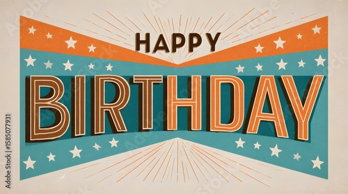 Happy birthday message with stars and stripes in orange and blue retro style design element graphic
