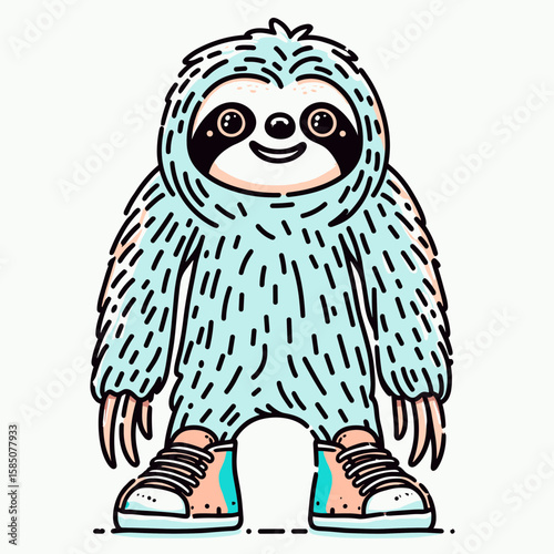 A cartoon sloth wearing. Cute Clipart Vector Illustration Line Art Illustration. comical tree dweller having on attire animated slow mammal in clothing.