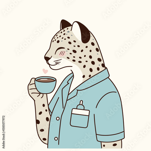 A cartoon snow leopard wearing lab coat is drinking. Cute Clipart Vector Illustration Line Art Illustration. Drawing of feline scientist in enjoys beverage consuming liquid.