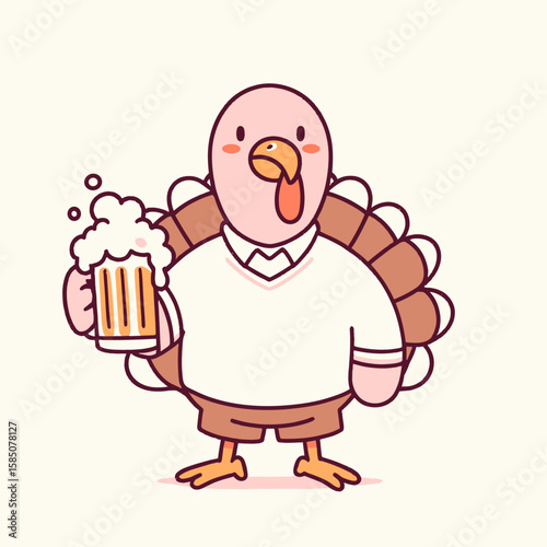 A cartoon turkey wearing white shirt and brown pants is holding a. Cute Clipart Vector Illustration Line Art Illustration. Fowl figure dressed clutching some item funny bird has something.