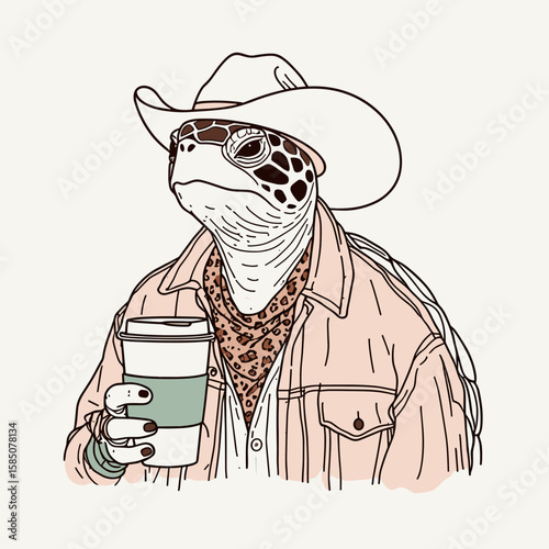 A cartoon turtle wearing cowboy hat and holding coffee. Cute Clipart Vector Illustration Line Art Illustration. Reptile in drawing headwear grips warm beverage.
