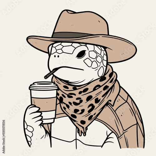 A cartoon turtle wearing cowboy hat and smoking a. Cute Clipart Vector Illustration Line Art Illustration. Comic reptile in headwear of west puffing on one.