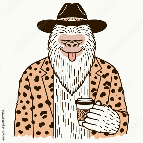 A cartoon yeti wearing cowboy hat and. Cute Clipart Vector Illustration Line Art Illustration. Comical bigfoot in stetson plus funny adventure wild scene.