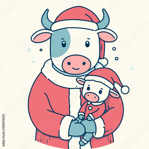A cute cartoon cow wearing red Santa hat is holding smaller Santa. Clipart Vector Illustration Line Art Illustration. Lovable comic bovine with xmas cap carrying tiny heifer in headgear.
