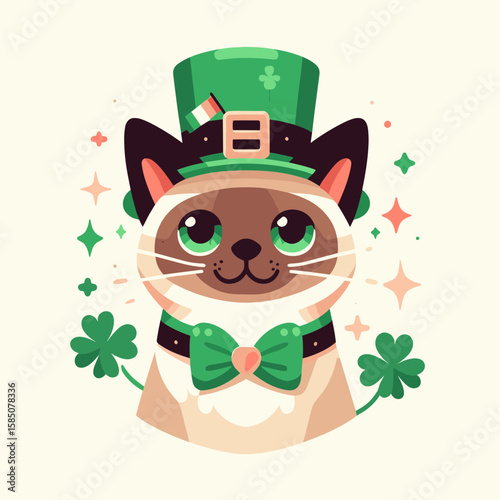A cute cartoon cat wearing green top hat and bow tie for. Clipart Vector Illustration Line Art Illustration. Adorable feline with emerald formal headgear neckwear intended to.